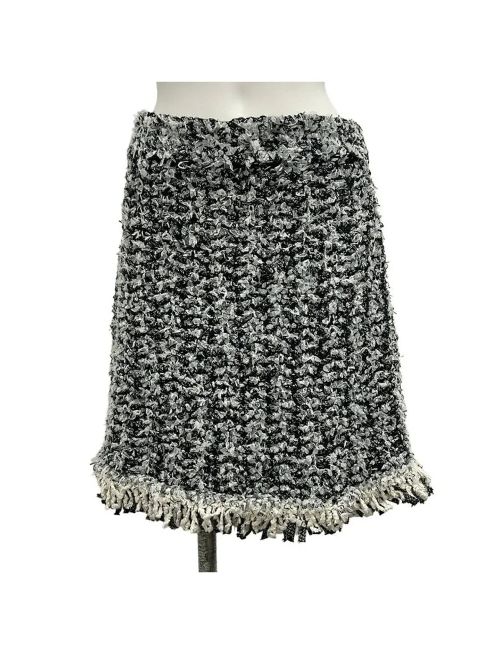 Chanel Mini Skirt Black White Tweed Fringe Cotton